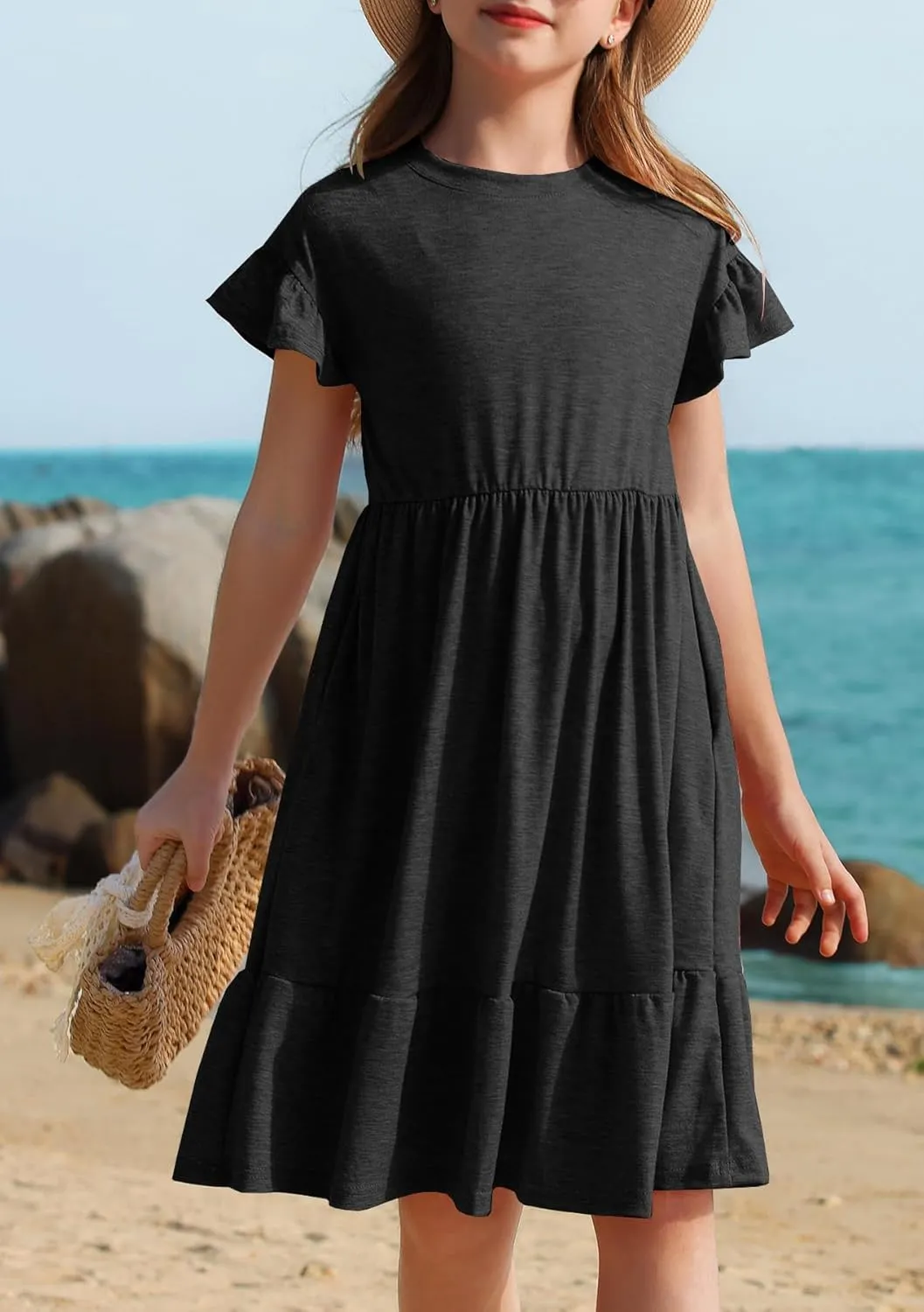 HOSIKA Girls Summer Dress Short Sleeve A-Line Ruffle Tiered Casual Dress with Pockets for 6-12 Years