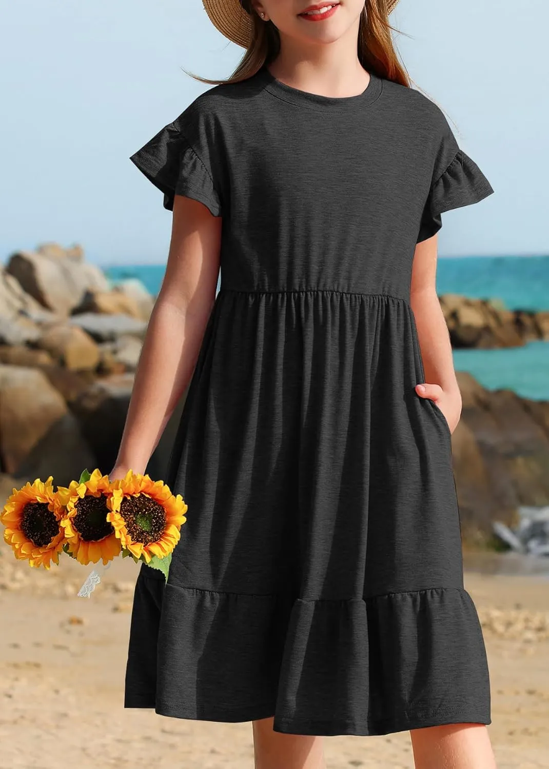 HOSIKA Girls Summer Dress Short Sleeve A-Line Ruffle Tiered Casual Dress with Pockets for 6-12 Years