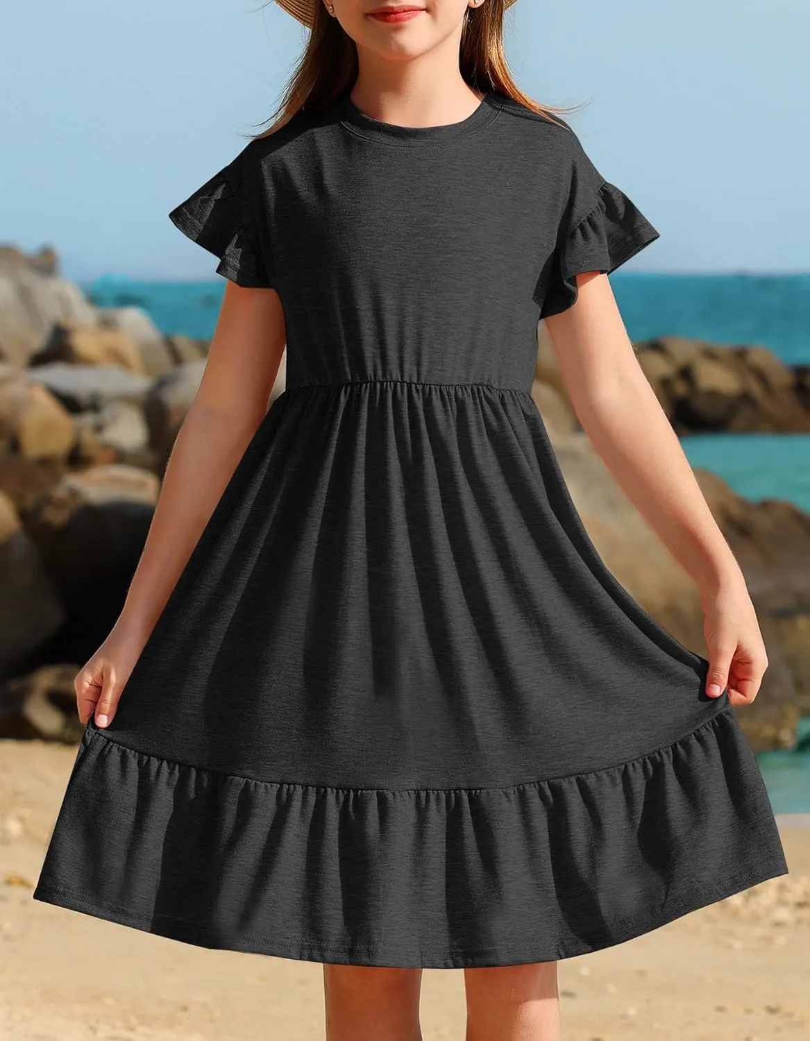 HOSIKA Girls Summer Dress Short Sleeve A-Line Ruffle Tiered Casual Dress with Pockets for 6-12 Years