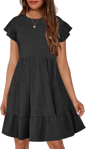 HOSIKA Girls Summer Dress Short Sleeve A-Line Ruffle Tiered Casual Dress with Pockets for 6-12 Years