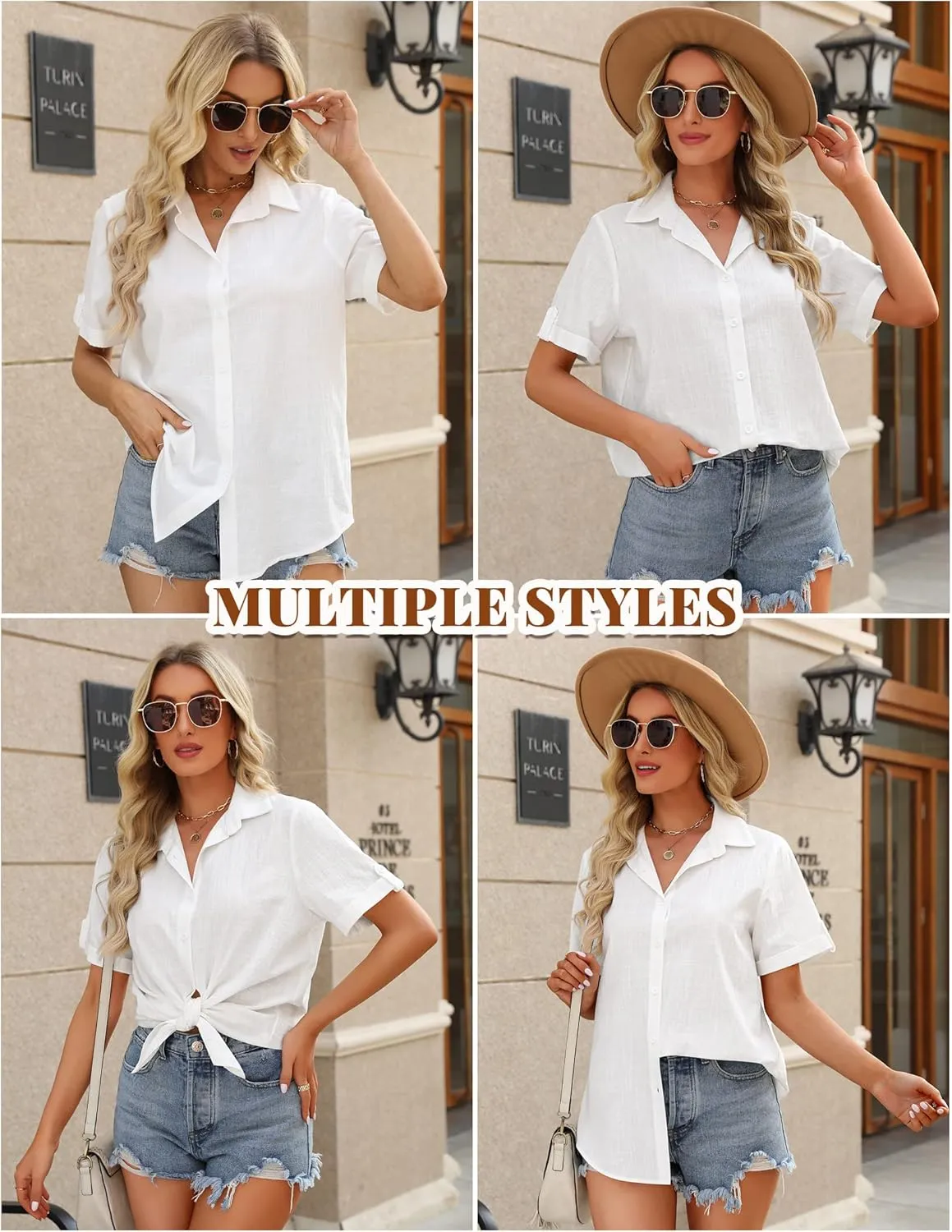 HOTOUCH Button Down Shirt Women Cotton Short Sleeve Blouses V Neck Collared Button Up Summer Beach Tops