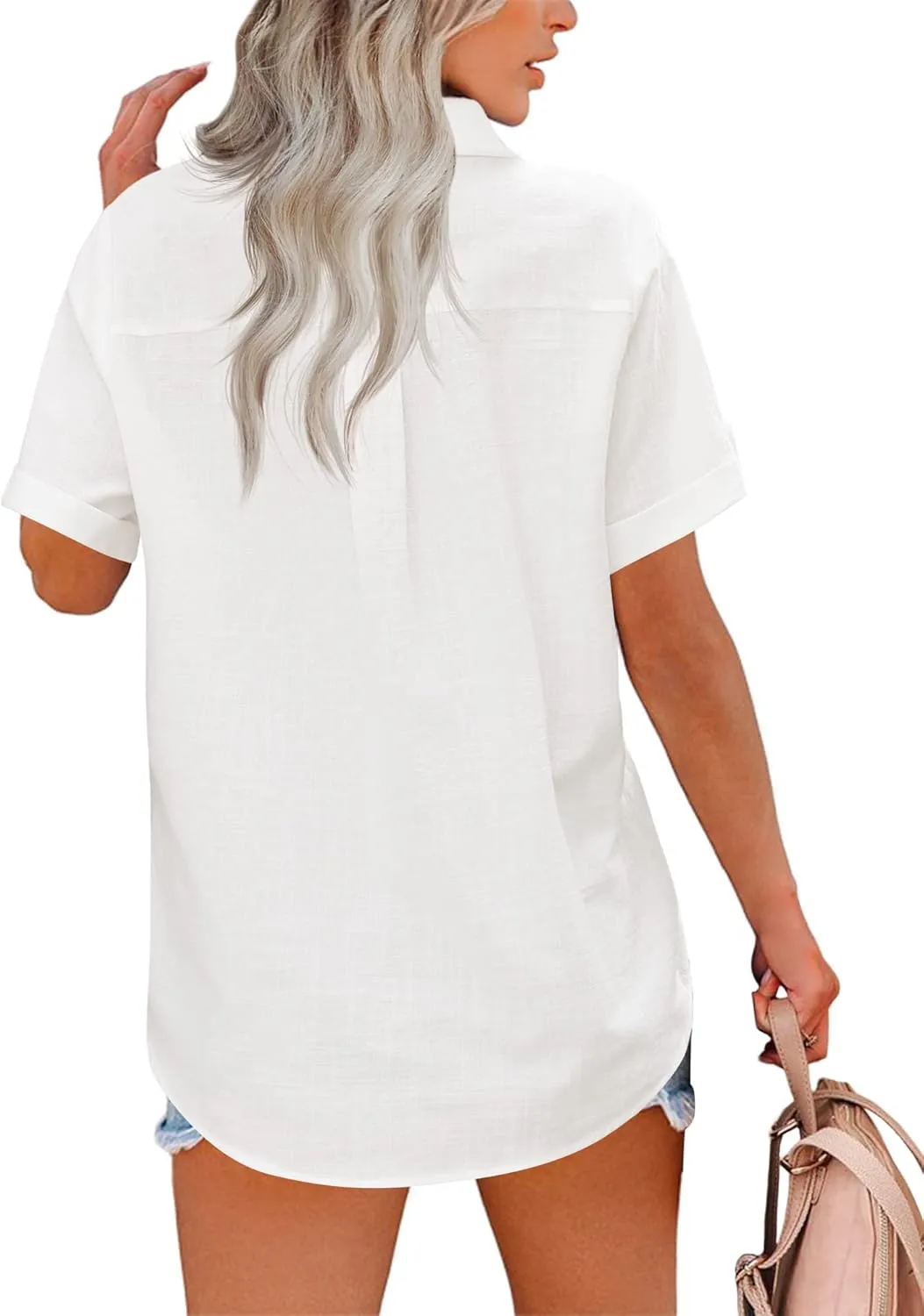 HOTOUCH Button Down Shirt Women Cotton Short Sleeve Blouses V Neck Collared Button Up Summer Beach Tops