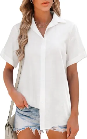 HOTOUCH Button Down Shirt Women Cotton Short Sleeve Blouses V Neck Collared Button Up Summer Beach Tops