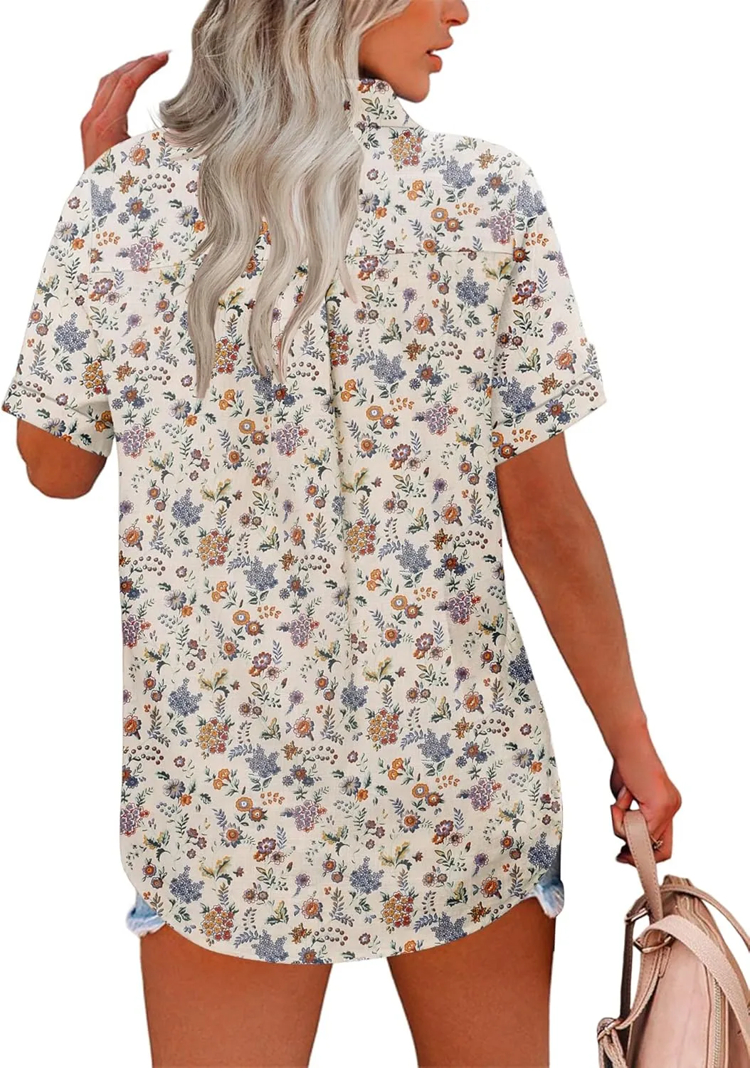 HOTOUCH Button Down Shirt Women Cotton Short Sleeve Blouses V Neck Collared Button Up Summer Beach Tops