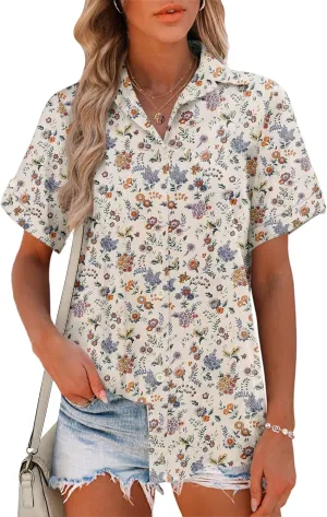 HOTOUCH Button Down Shirt Women Cotton Short Sleeve Blouses V Neck Collared Button Up Summer Beach Tops