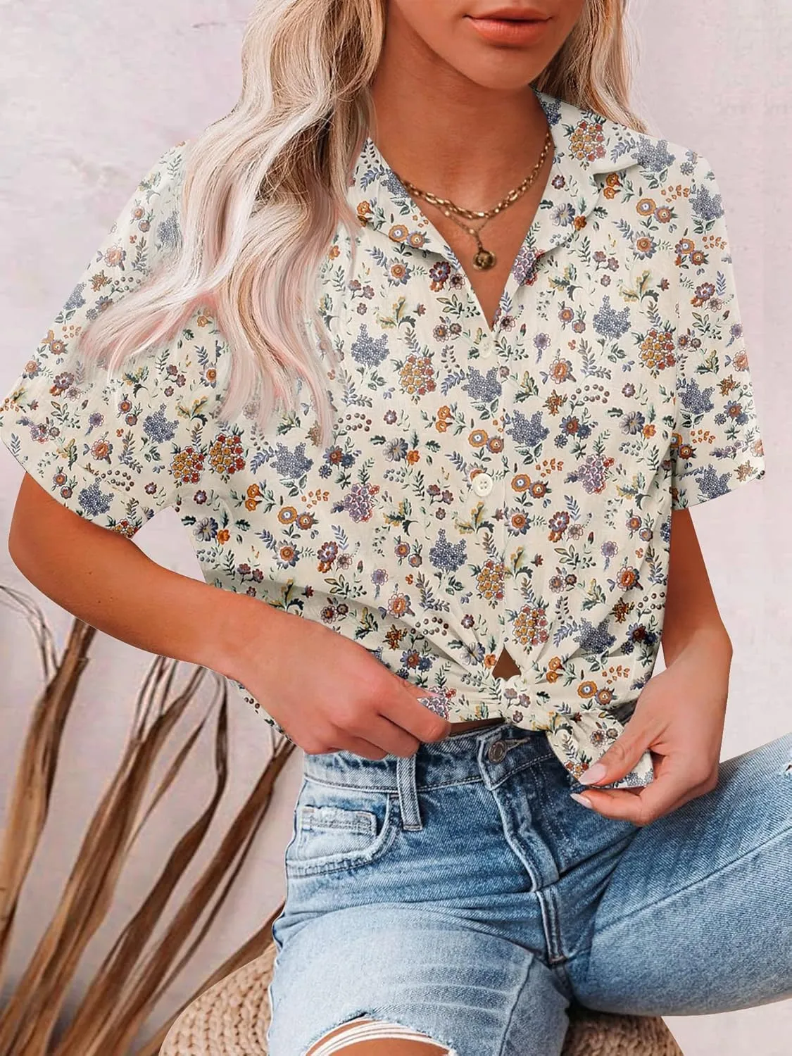 HOTOUCH Button Down Shirt Women Cotton Short Sleeve Blouses V Neck Collared Button Up Summer Beach Tops