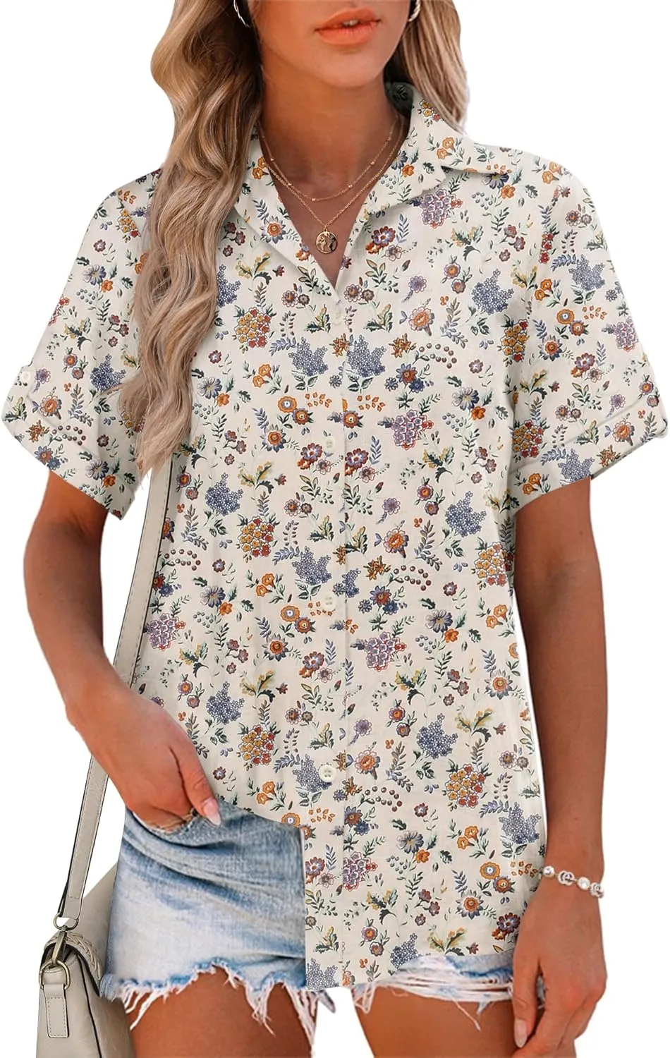 HOTOUCH Button Down Shirt Women Cotton Short Sleeve Blouses V Neck Collared Button Up Summer Beach Tops