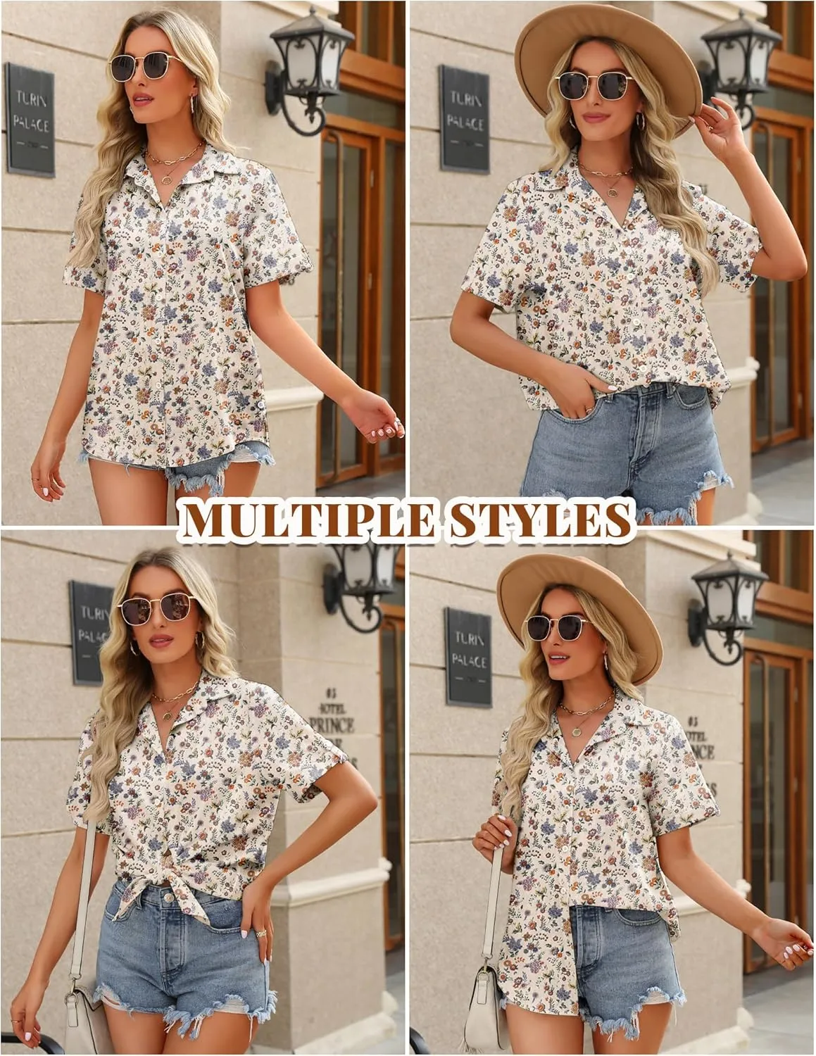 HOTOUCH Button Down Shirt Women Cotton Short Sleeve Blouses V Neck Collared Button Up Summer Beach Tops