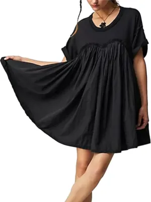 HOULENGS Women's Oversized Sweatshirt Dress Crew Neck Patchwork Mini Dress Short Sleeve Loose Fit Pullover Pleated Dresses