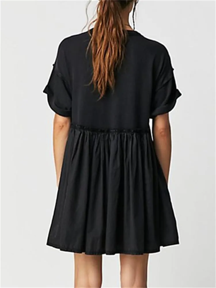 HOULENGS Women's Oversized Sweatshirt Dress Crew Neck Patchwork Mini Dress Short Sleeve Loose Fit Pullover Pleated Dresses