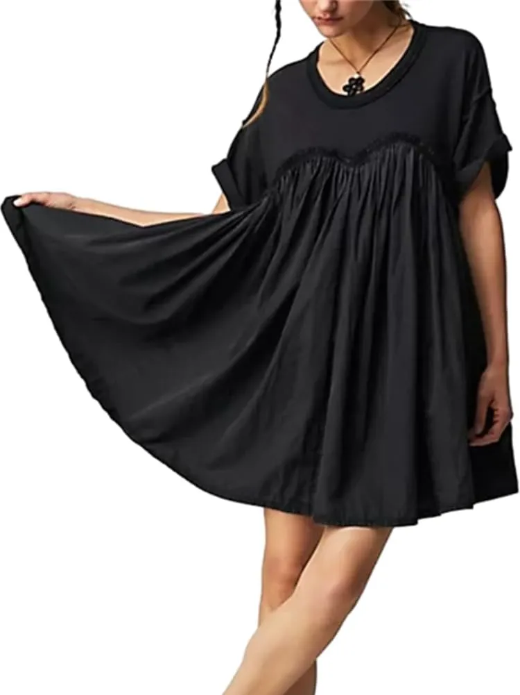HOULENGS Women's Oversized Sweatshirt Dress Crew Neck Patchwork Mini Dress Short Sleeve Loose Fit Pullover Pleated Dresses