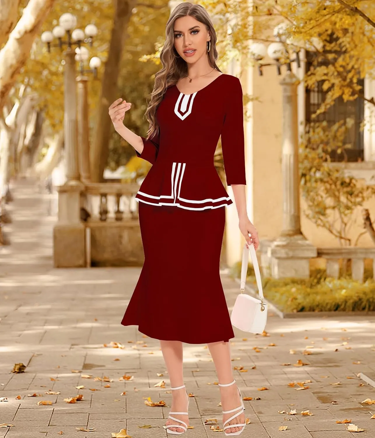 HugeNice Women's Business Work Midi Dress Elegant Bodycon Fishtail Dress Formal Church Wedding Guest Dresses