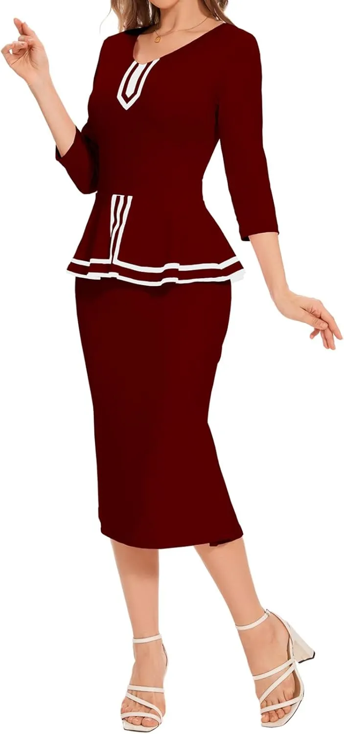 HugeNice Women's Business Work Midi Dress Elegant Bodycon Fishtail Dress Formal Church Wedding Guest Dresses
