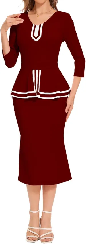 HugeNice Women's Business Work Midi Dress Elegant Bodycon Fishtail Dress Formal Church Wedding Guest Dresses