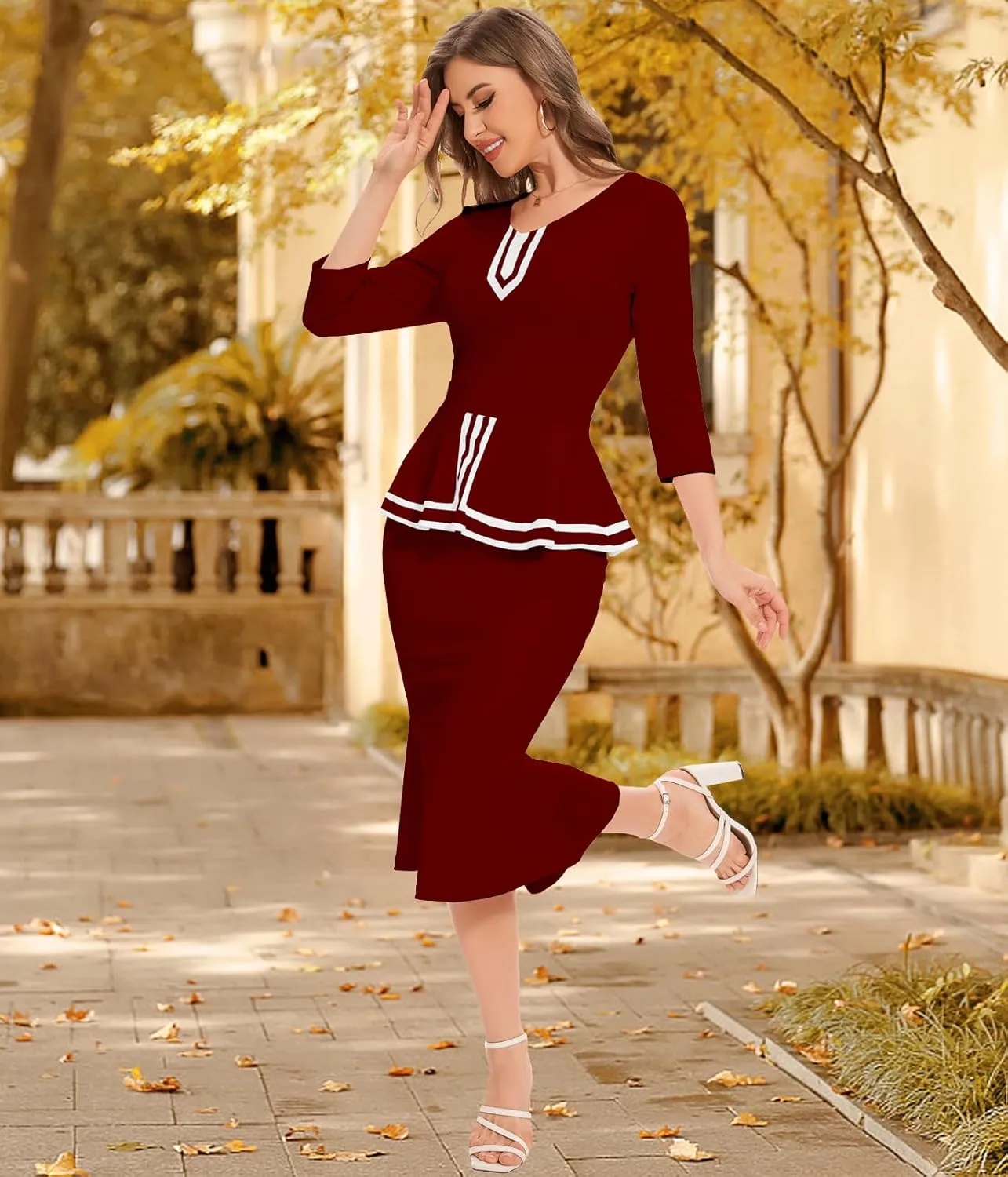 HugeNice Women's Business Work Midi Dress Elegant Bodycon Fishtail Dress Formal Church Wedding Guest Dresses