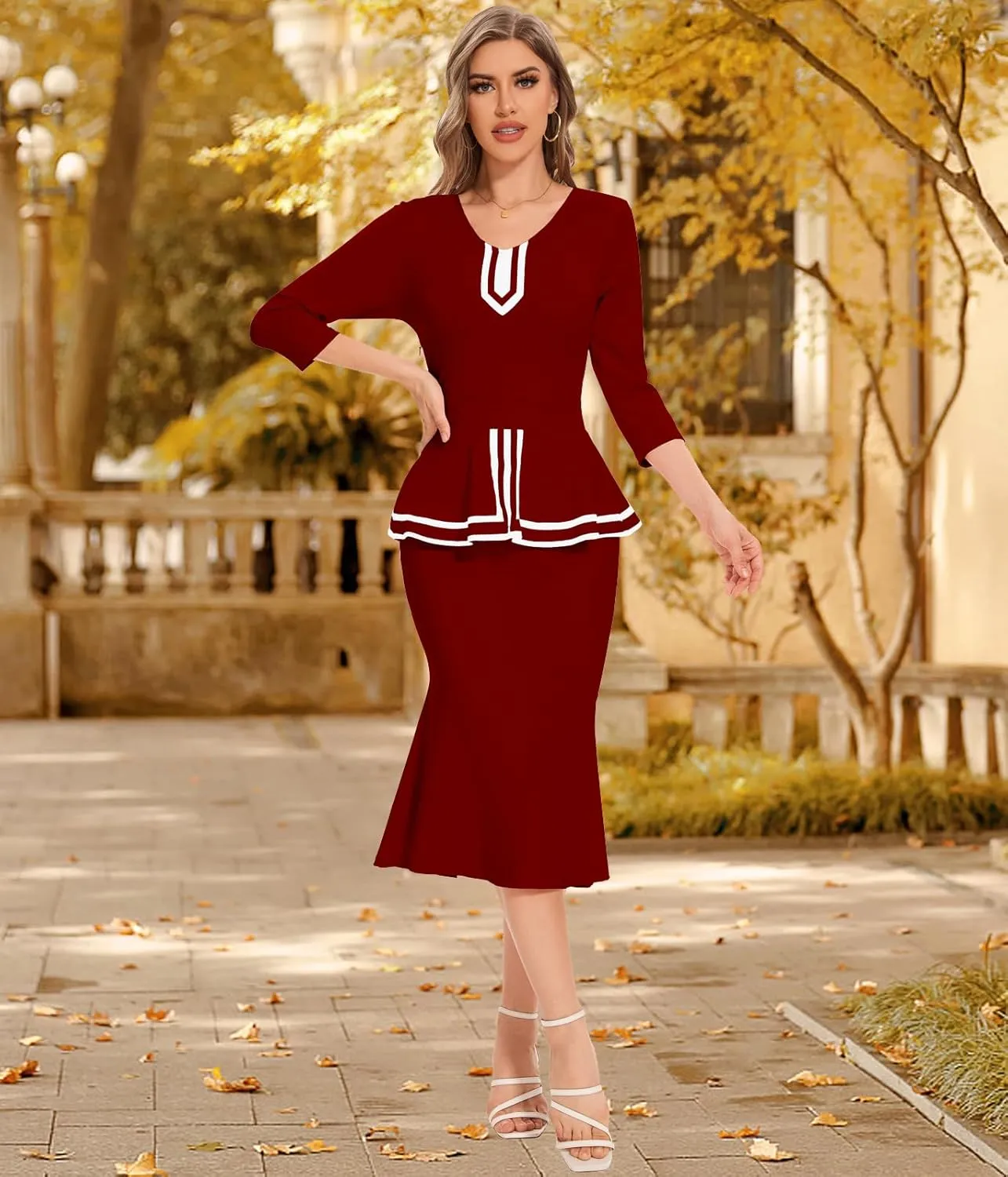 HugeNice Women's Business Work Midi Dress Elegant Bodycon Fishtail Dress Formal Church Wedding Guest Dresses