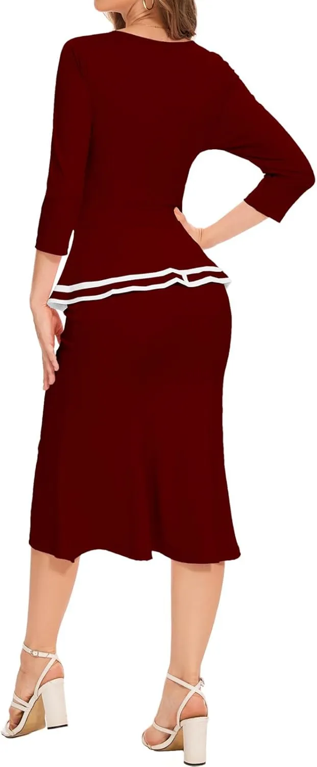 HugeNice Women's Business Work Midi Dress Elegant Bodycon Fishtail Dress Formal Church Wedding Guest Dresses