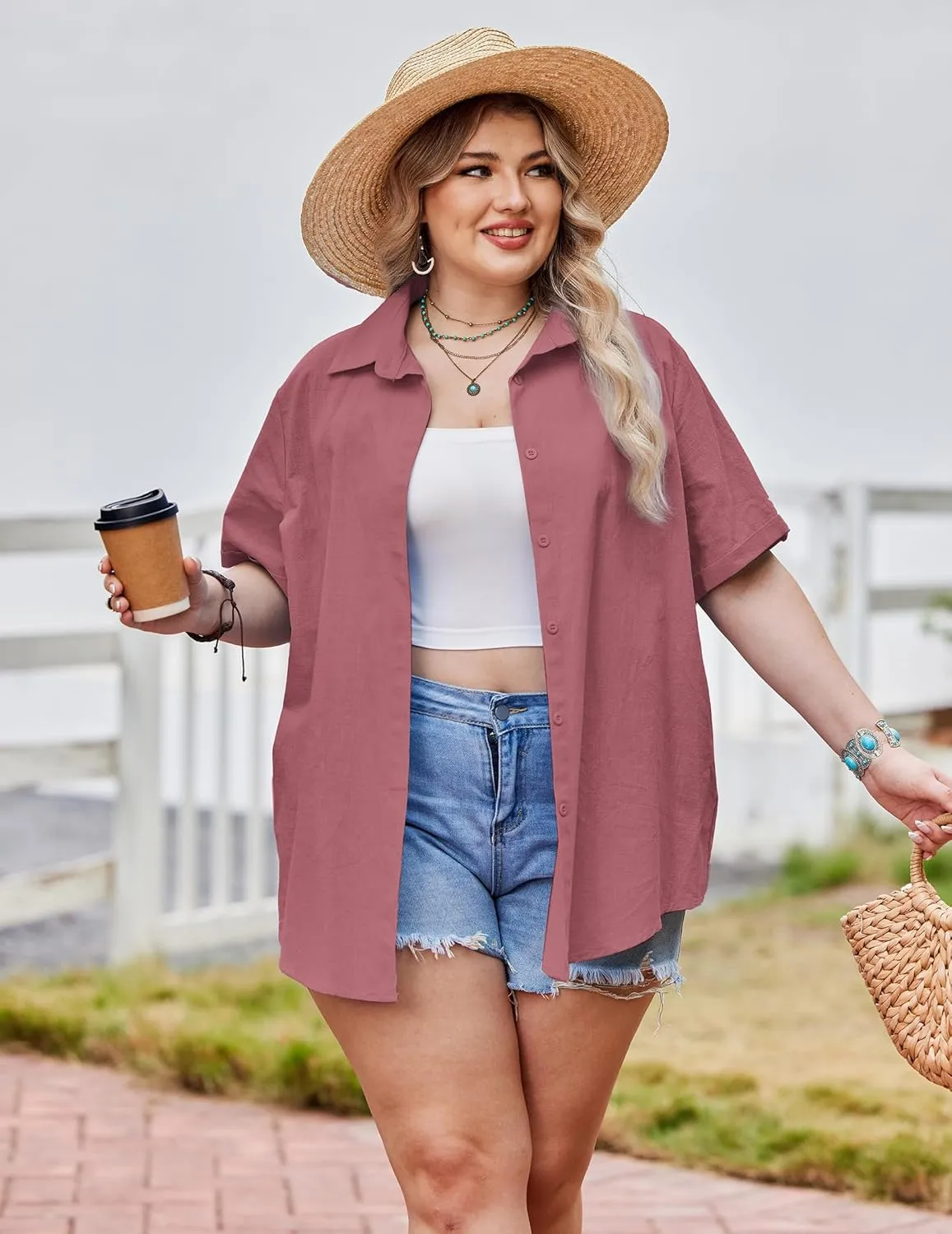 IN'VOLAND Womens Plus Size Linen Button Down Shirts Short Sleeve Cotton Casual Collared Shirt V Neck Summer Blouses Tops