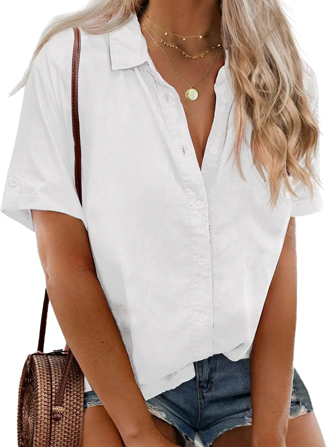 IN'VOLAND Womens Plus Size Linen Button Down Shirts Short Sleeve Cotton Casual Collared Shirt V Neck Summer Blouses Tops