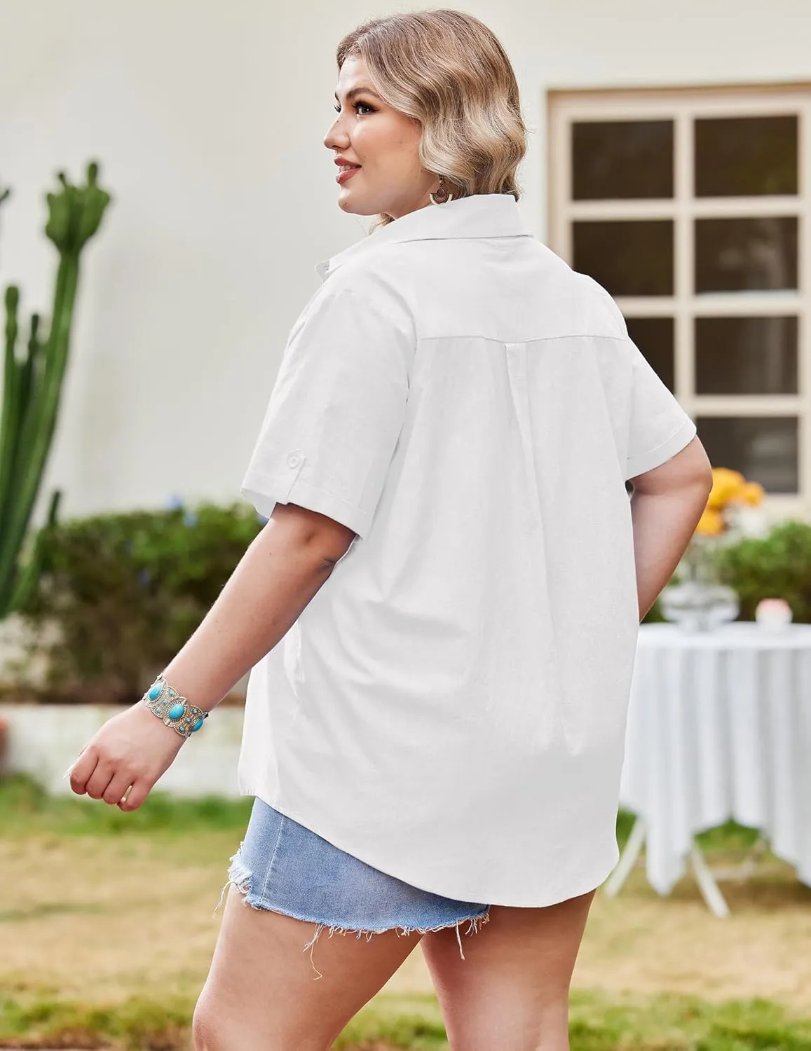 IN'VOLAND Womens Plus Size Linen Button Down Shirts Short Sleeve Cotton Casual Collared Shirt V Neck Summer Blouses Tops