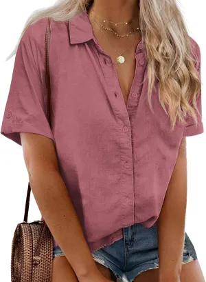 IN'VOLAND Womens Plus Size Linen Button Down Shirts Short Sleeve Cotton Casual Collared Shirt V Neck Summer Blouses Tops