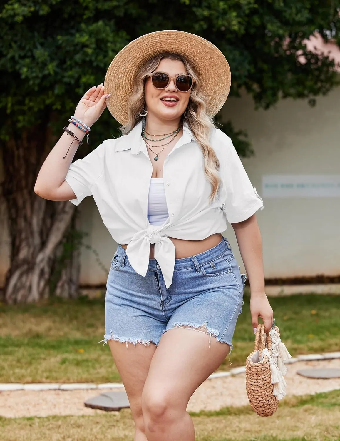 IN'VOLAND Womens Plus Size Linen Button Down Shirts Short Sleeve Cotton Casual Collared Shirt V Neck Summer Blouses Tops