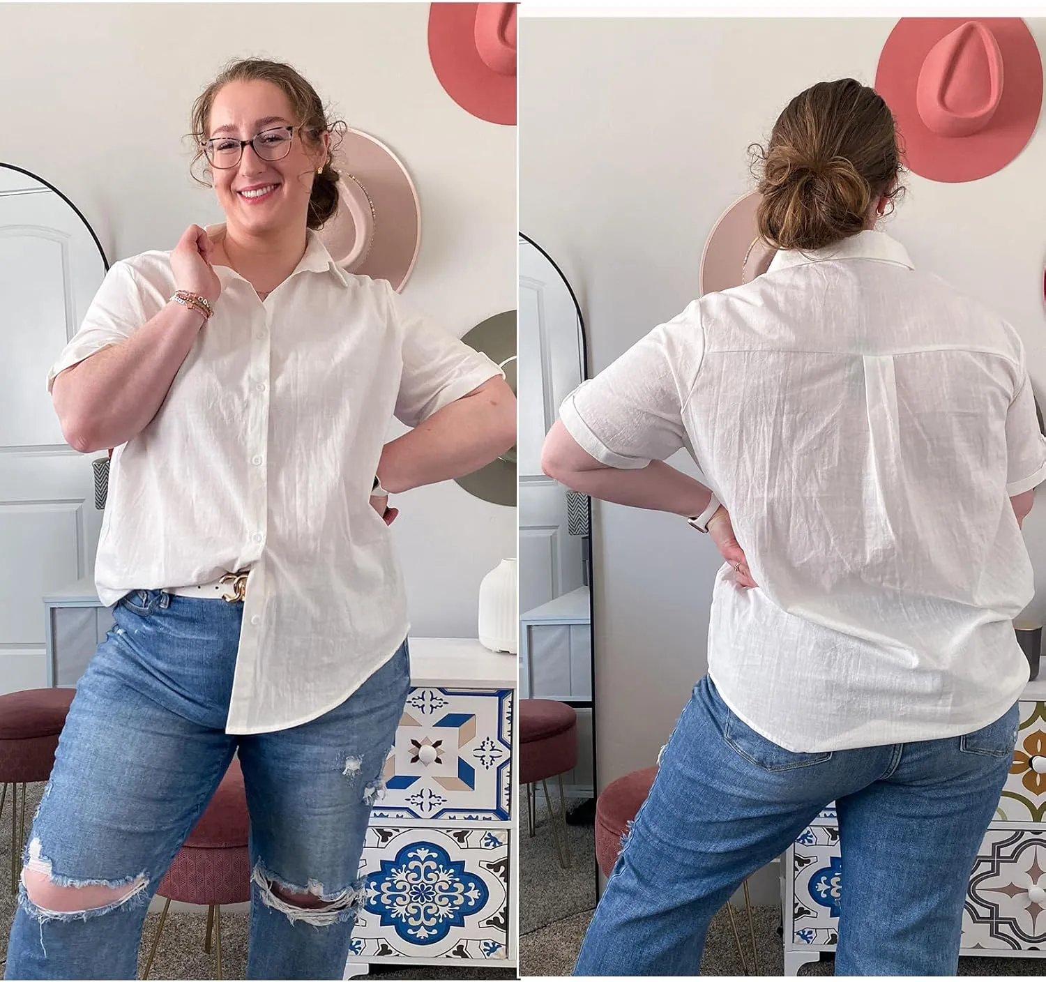 IN'VOLAND Womens Plus Size Linen Button Down Shirts Short Sleeve Cotton Casual Collared Shirt V Neck Summer Blouses Tops