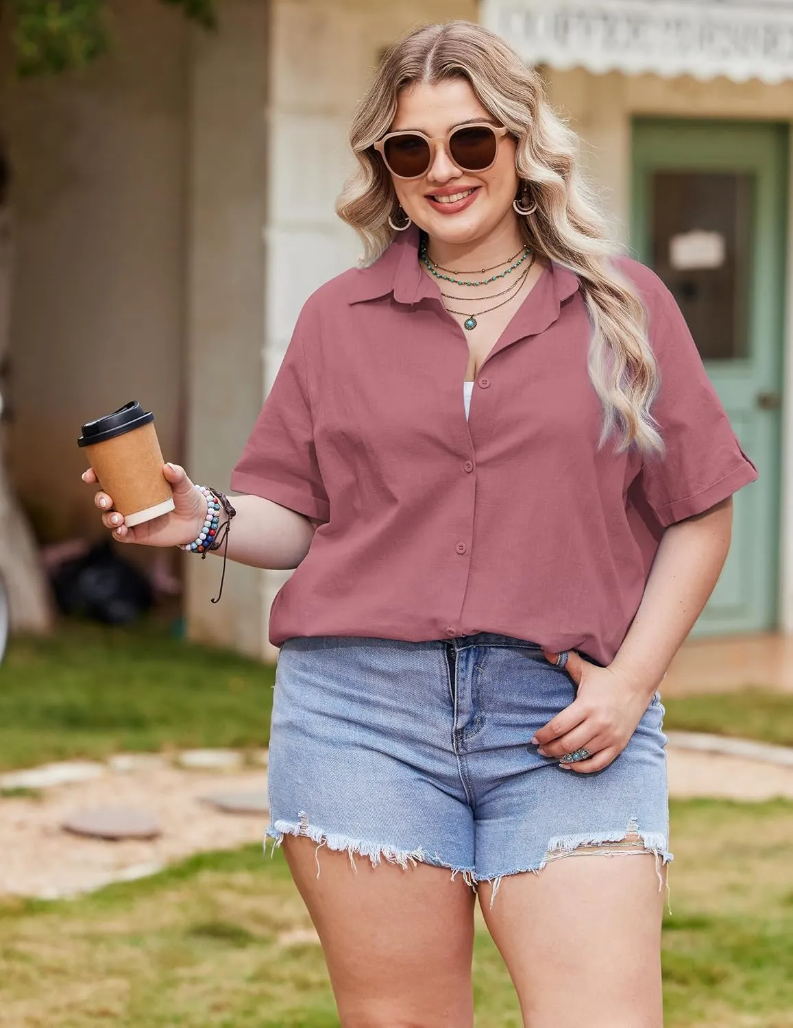 IN'VOLAND Womens Plus Size Linen Button Down Shirts Short Sleeve Cotton Casual Collared Shirt V Neck Summer Blouses Tops