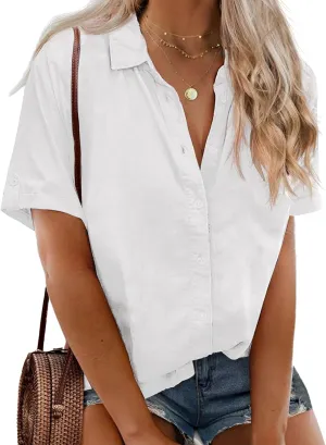 IN'VOLAND Womens Plus Size Linen Button Down Shirts Short Sleeve Cotton Casual Collared Shirt V Neck Summer Blouses Tops