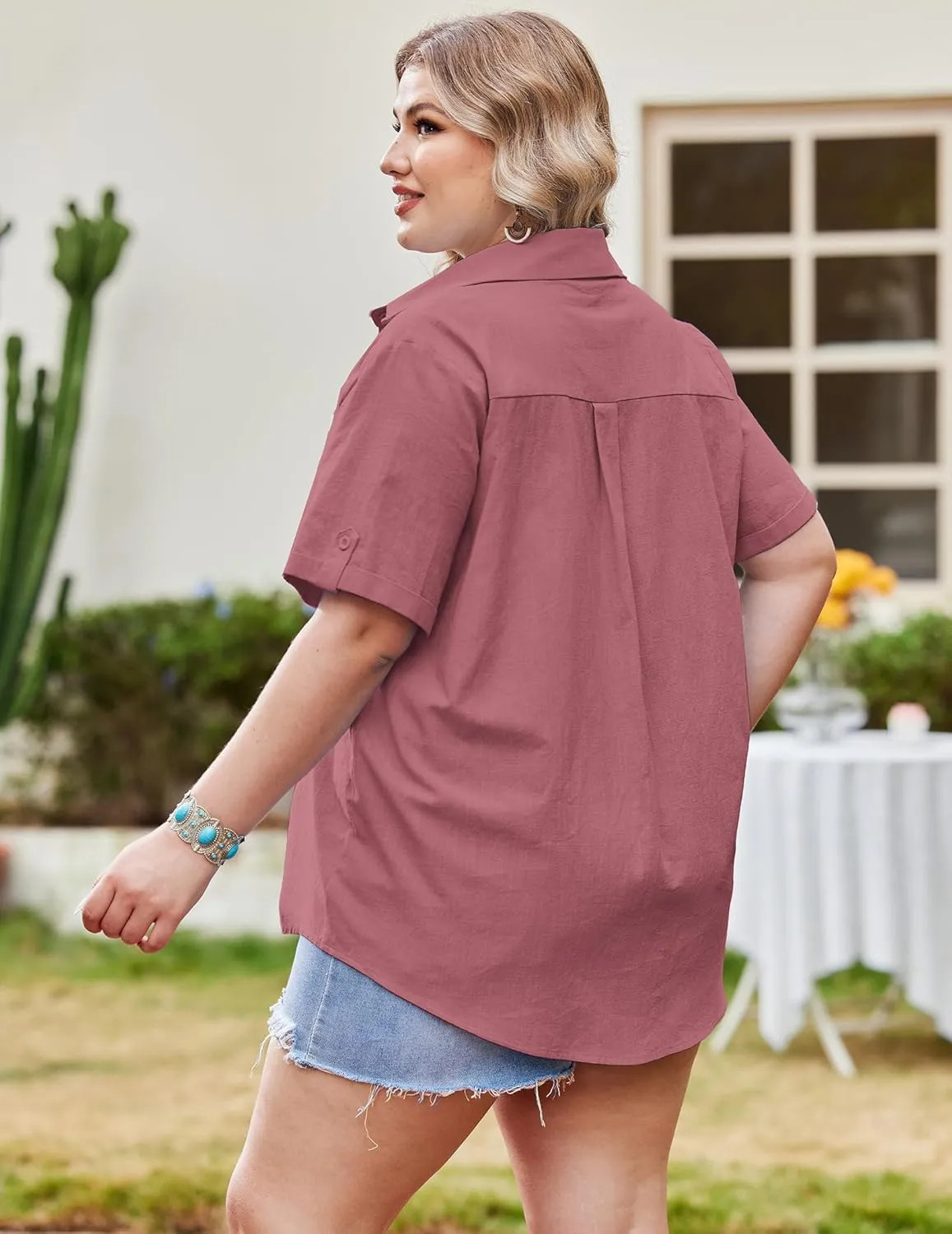 IN'VOLAND Womens Plus Size Linen Button Down Shirts Short Sleeve Cotton Casual Collared Shirt V Neck Summer Blouses Tops