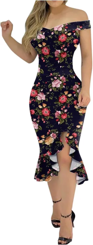 iQKA Women Sexy Cocktail Dress Ruffle Hem Sling Dresses Floral Print V Neck Sleeveless Pencil Dress Vestidos