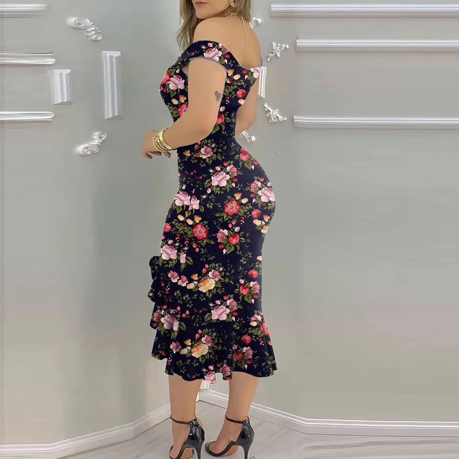 iQKA Women Sexy Cocktail Dress Ruffle Hem Sling Dresses Floral Print V Neck Sleeveless Pencil Dress Vestidos