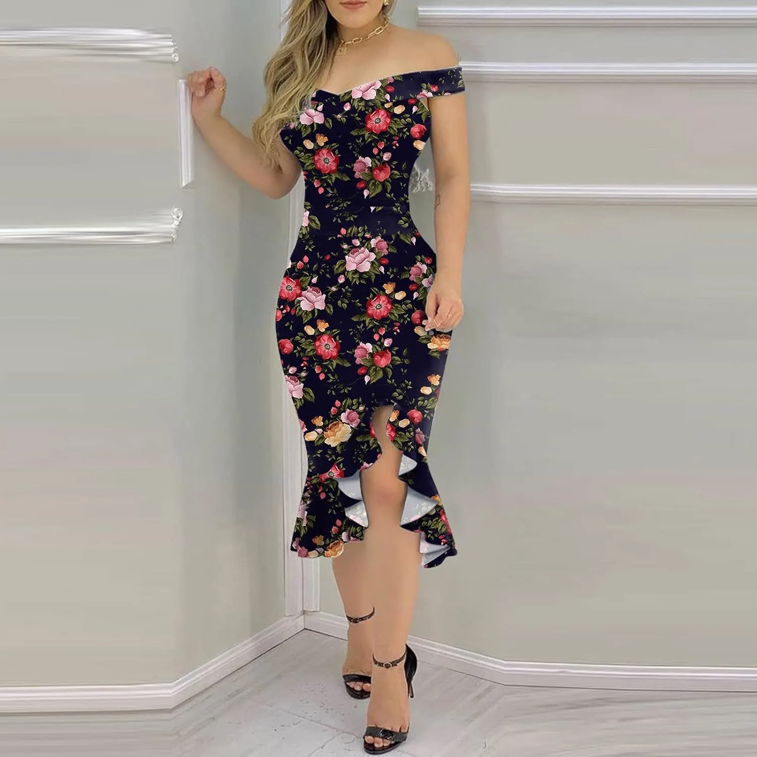 iQKA Women Sexy Cocktail Dress Ruffle Hem Sling Dresses Floral Print V Neck Sleeveless Pencil Dress Vestidos
