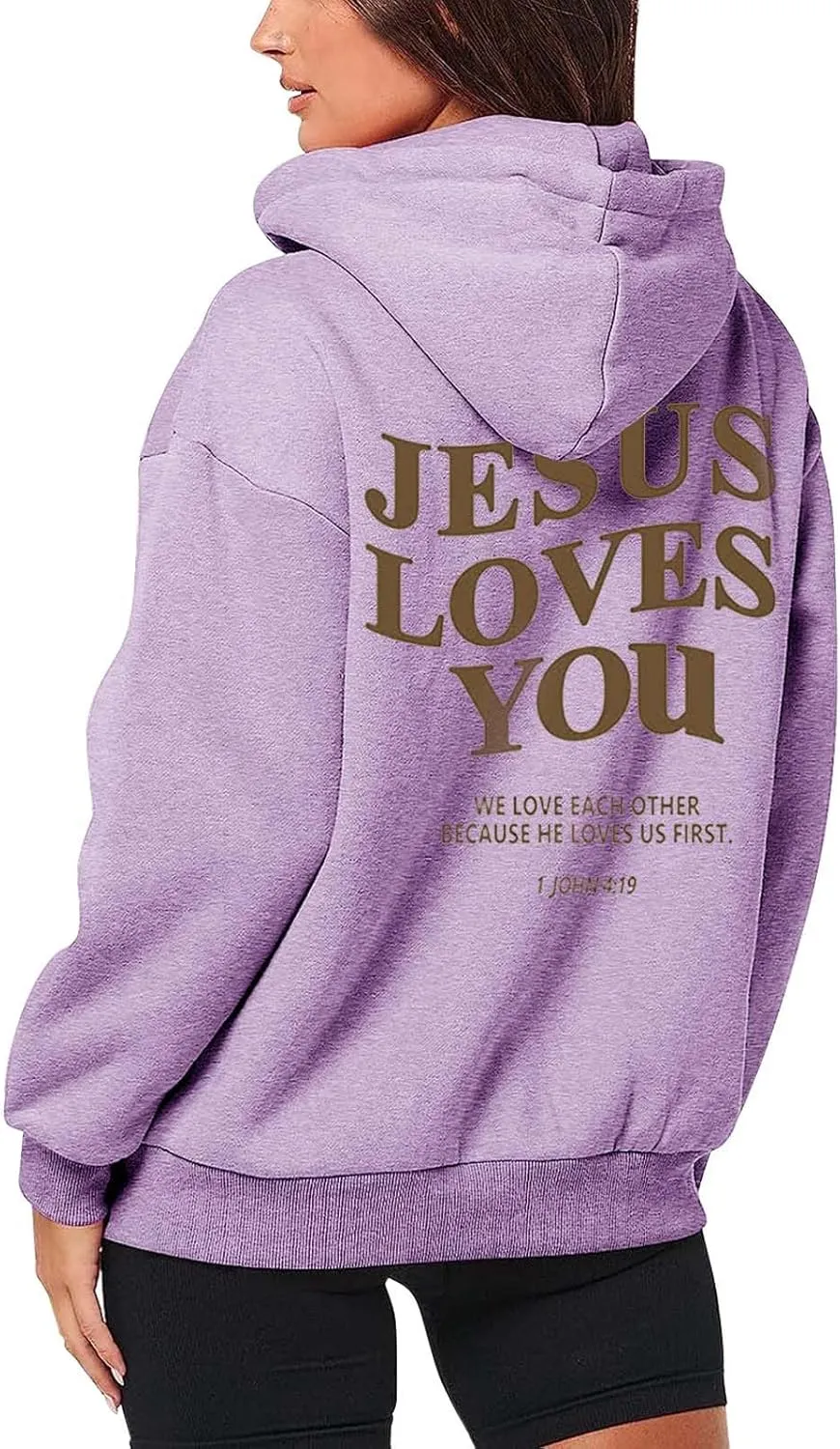 Jesus Loves You Zip Up Christian Hoodies for Women Bible Verse Oversized Long Sleeve Pockets Drawstring Sweatshirts