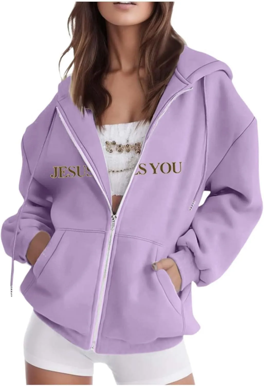 Jesus Loves You Zip Up Christian Hoodies for Women Bible Verse Oversized Long Sleeve Pockets Drawstring Sweatshirts