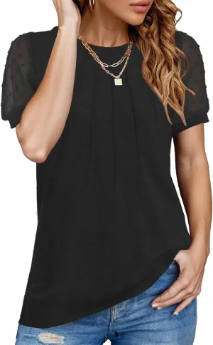 JomeDesign Summer Tops for Women Short Sleeve Crew Neck Pleated Shirts Swiss Dot Puff Sleeve Tshirts Loose Casual Blouses