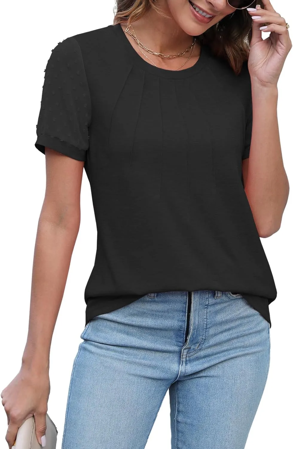 JomeDesign Summer Tops for Women Short Sleeve Crew Neck Pleated Shirts Swiss Dot Puff Sleeve Tshirts Loose Casual Blouses
