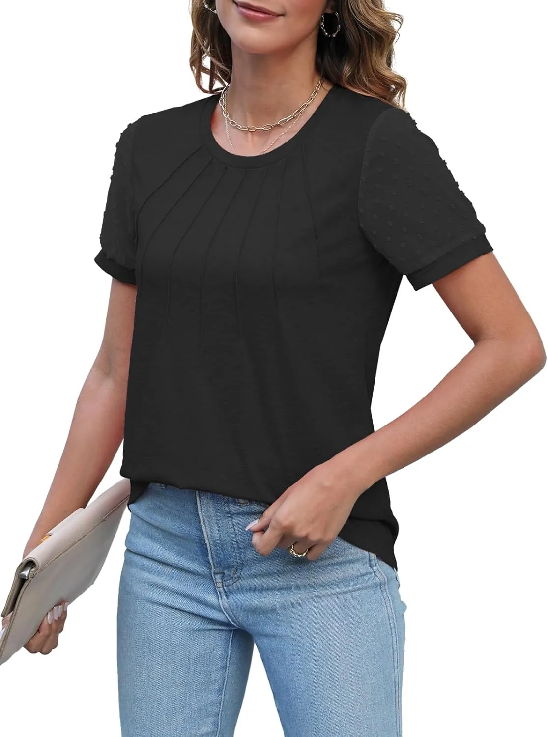 JomeDesign Summer Tops for Women Short Sleeve Crew Neck Pleated Shirts Swiss Dot Puff Sleeve Tshirts Loose Casual Blouses