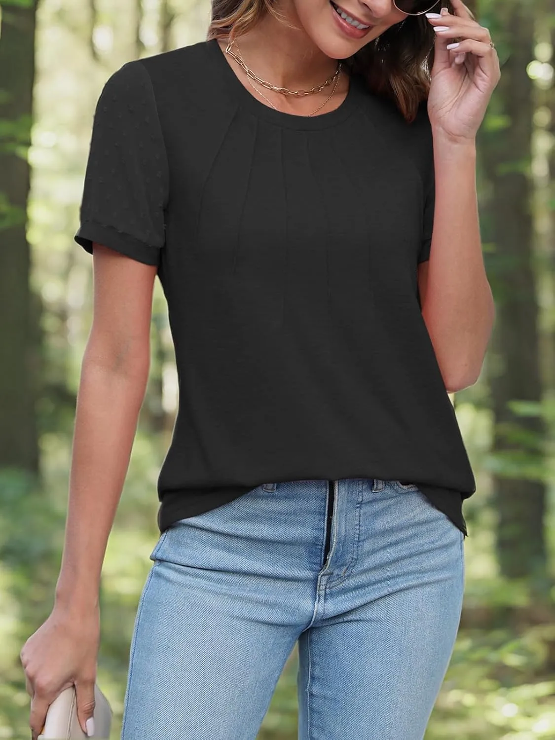 JomeDesign Summer Tops for Women Short Sleeve Crew Neck Pleated Shirts Swiss Dot Puff Sleeve Tshirts Loose Casual Blouses