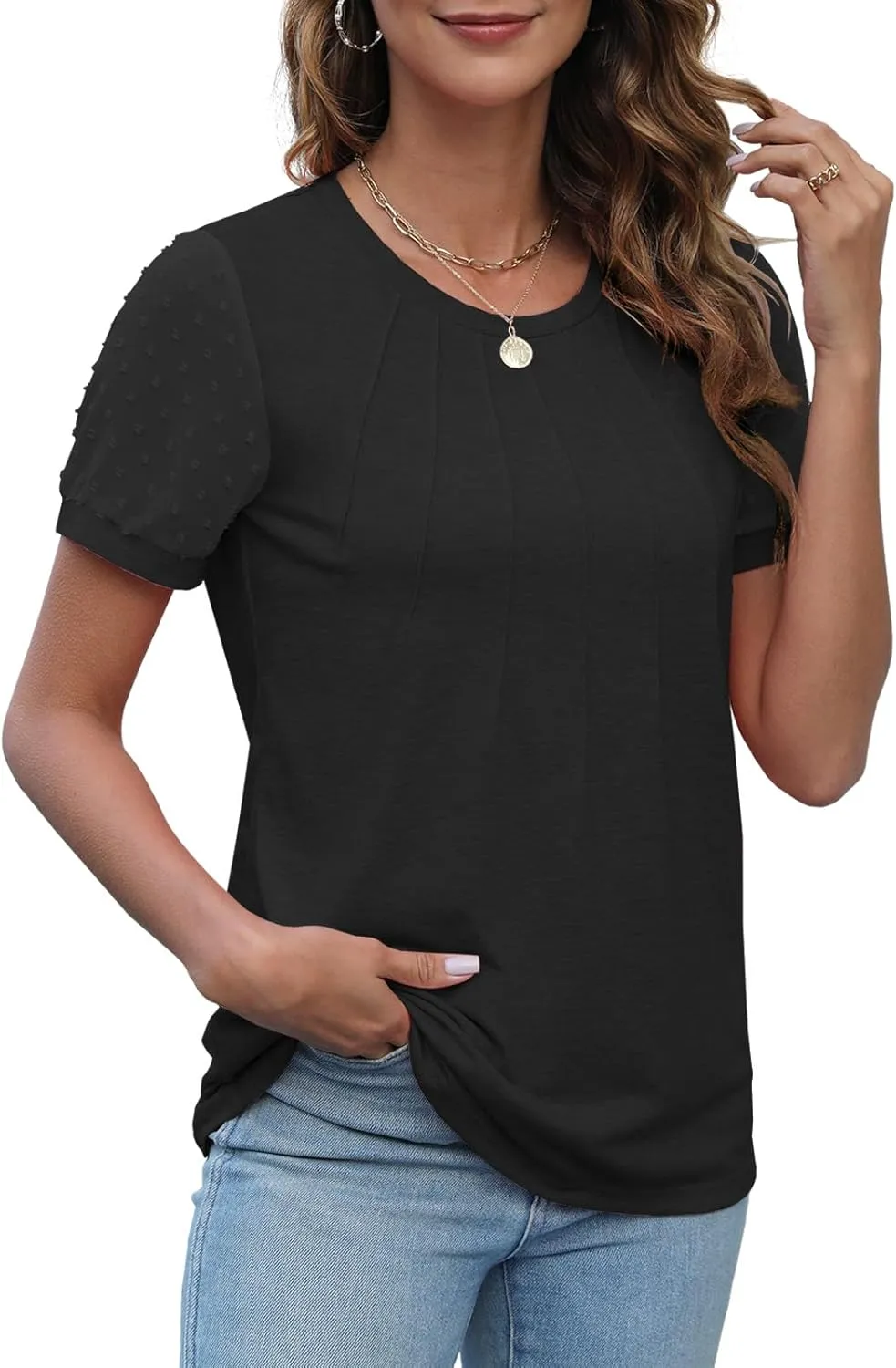 JomeDesign Summer Tops for Women Short Sleeve Crew Neck Pleated Shirts Swiss Dot Puff Sleeve Tshirts Loose Casual Blouses