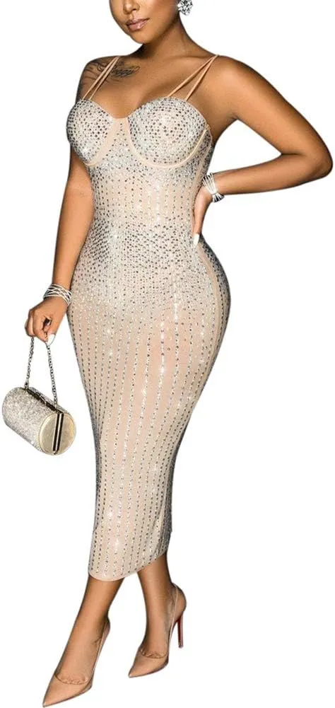 JUNBOON Women Sexy Spaghetti Strap V Neck Rhinestone Embellished Bodycon Midi Sparkle Glitter Dress