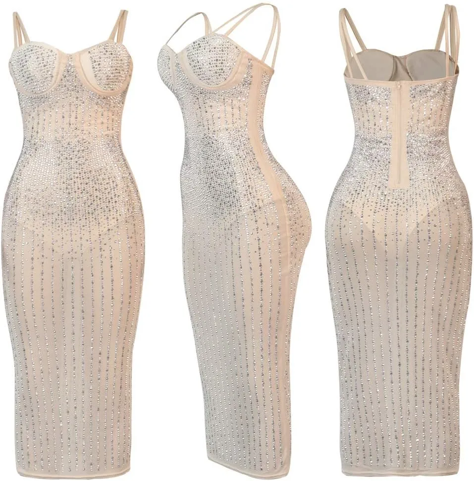 JUNBOON Women Sexy Spaghetti Strap V Neck Rhinestone Embellished Bodycon Midi Sparkle Glitter Dress