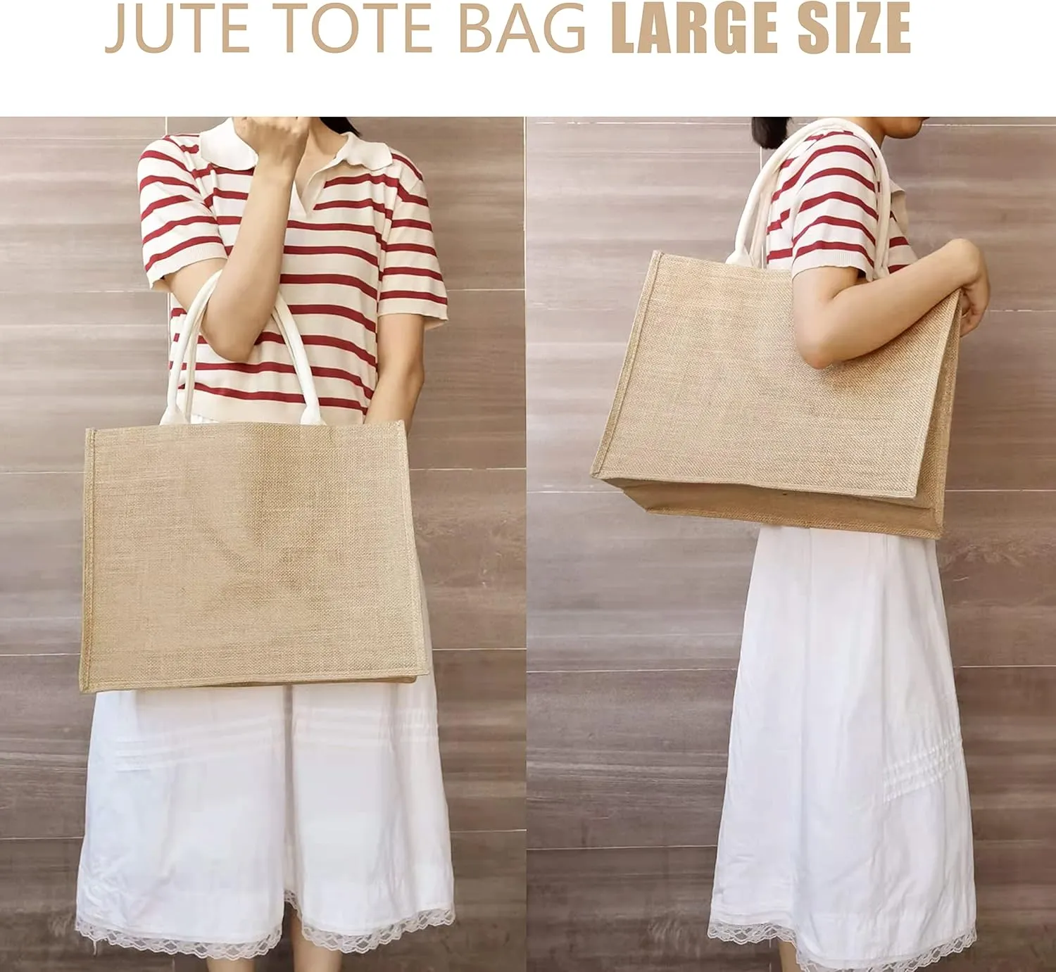Jute Travel Bags with Handles Bulk, Set of 10 Burlap Tote Bags Large Size 16.5" x 7" x 13", Reusable Bag for Shopping, Beach, Bridesmaid