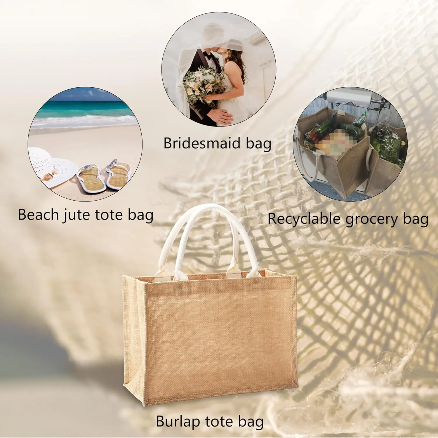 Jute Travel Bags with Handles Bulk, Set of 10 Burlap Tote Bags Large Size 16.5" x 7" x 13", Reusable Bag for Shopping, Beach, Bridesmaid