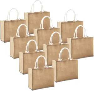 Jute Travel Bags with Handles Bulk, Set of 10 Burlap Tote Bags Large Size 16.5" x 7" x 13", Reusable Bag for Shopping, Beach, Bridesmaid