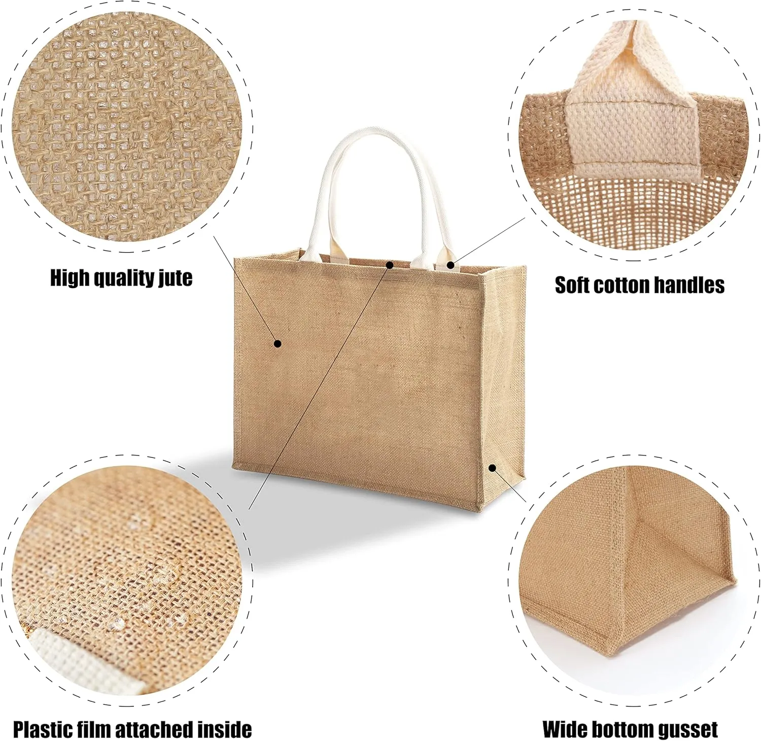 Jute Travel Bags with Handles Bulk, Set of 10 Burlap Tote Bags Large Size 16.5" x 7" x 13", Reusable Bag for Shopping, Beach, Bridesmaid