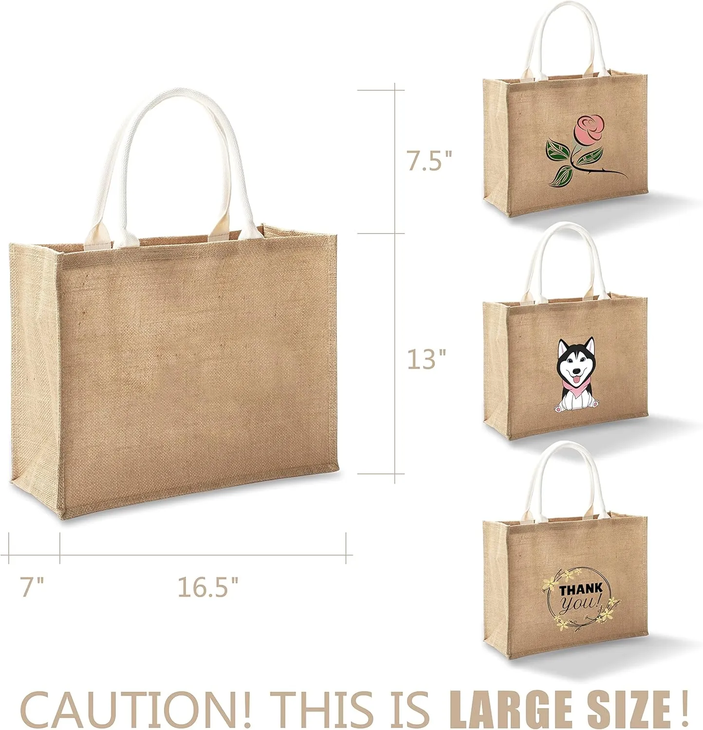 Jute Travel Bags with Handles Bulk, Set of 10 Burlap Tote Bags Large Size 16.5" x 7" x 13", Reusable Bag for Shopping, Beach, Bridesmaid