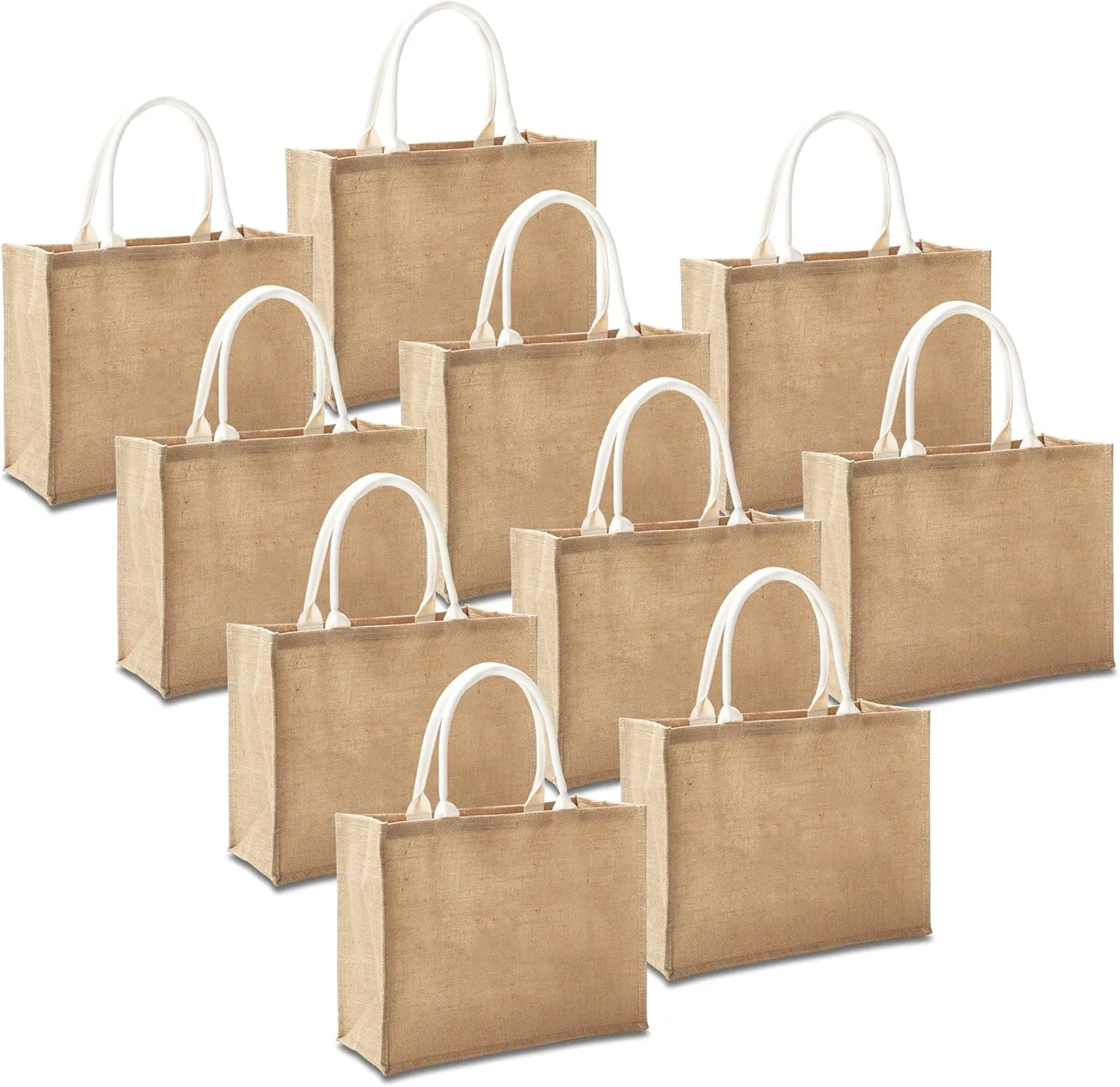 Jute Travel Bags with Handles Bulk, Set of 10 Burlap Tote Bags Large Size 16.5" x 7" x 13", Reusable Bag for Shopping, Beach, Bridesmaid