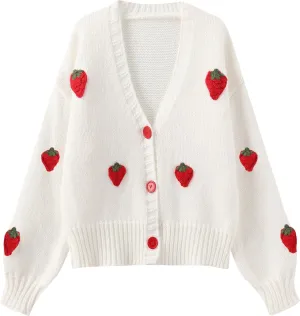 Kawaii Sweet Japanese Women's Fruit Strawberry Pink Embroidery Printed Button Knitted Cardigan Sweater Coat