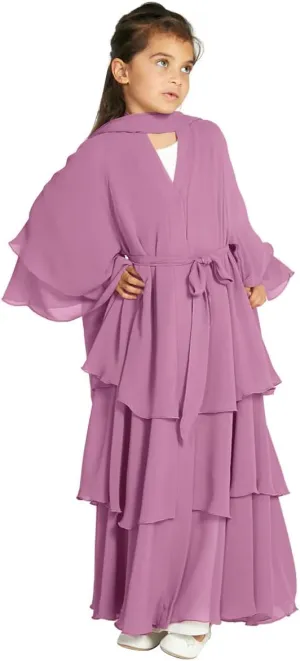 Kids Abayas Dress for Girls Muslim Dress with Hijab Chiffon Layered Islam Kaftan Robe Open Front Cardigan Prayer Dress